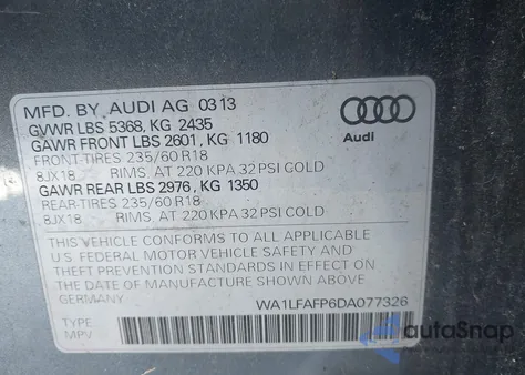 2013 Audi Q5 2.0T Premium из США, поврежденный, VIN WA1LFAFP6DA077326